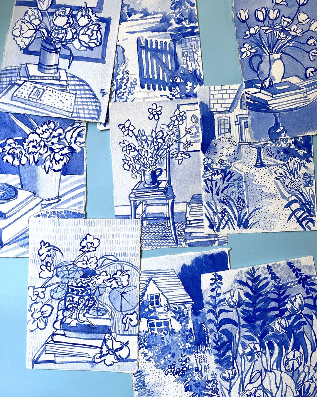 Colonial Williamsburg, Blue and White Watercolor, unframed